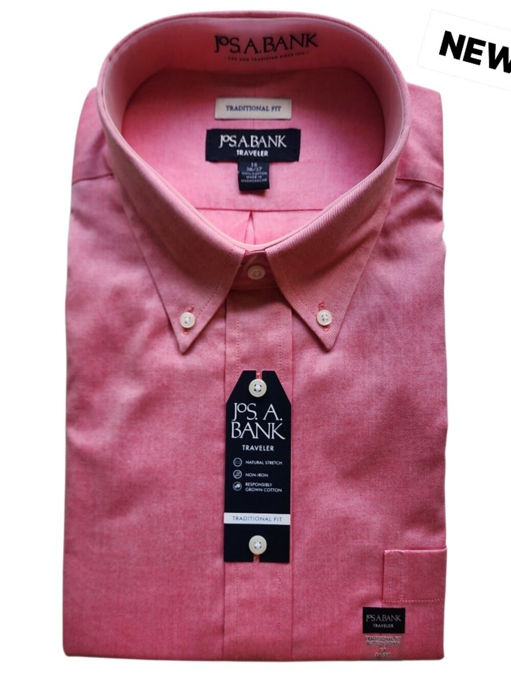 18 36/37 Red Pink Salmon Shirt Traditional Fit Traveler Jos A Bank Non Iron New